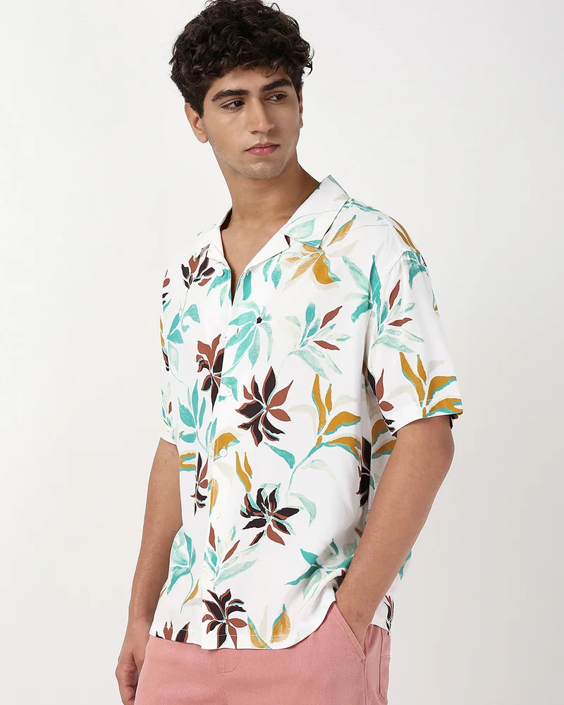 بيواكوف Men's White & Yellow All Over Printed Oversized Shirt